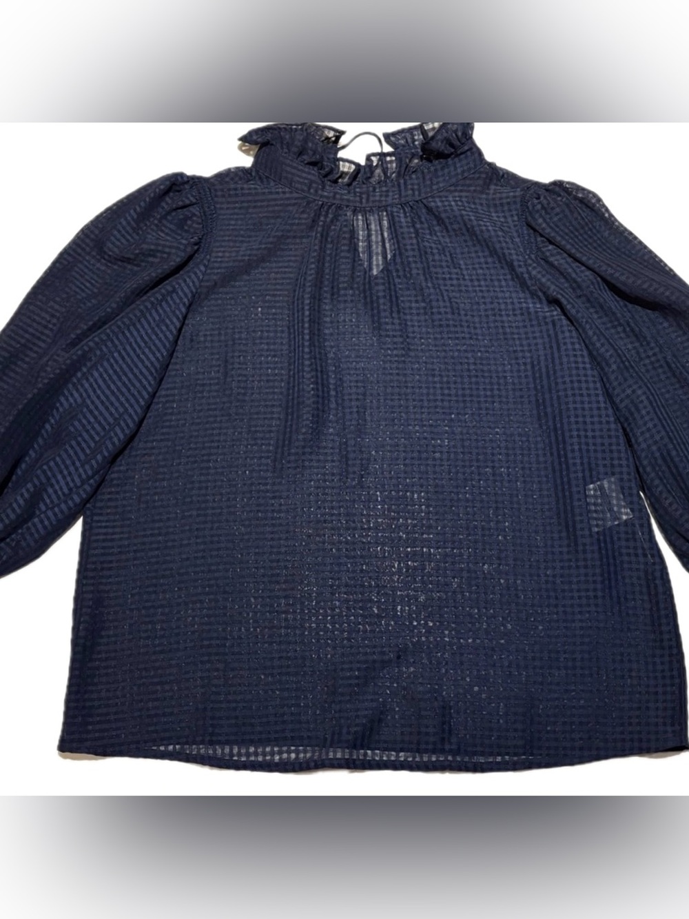 LEVI'S Sheer Navy Blue Gingham Check Plaid Ruffle Neck Blouse XS